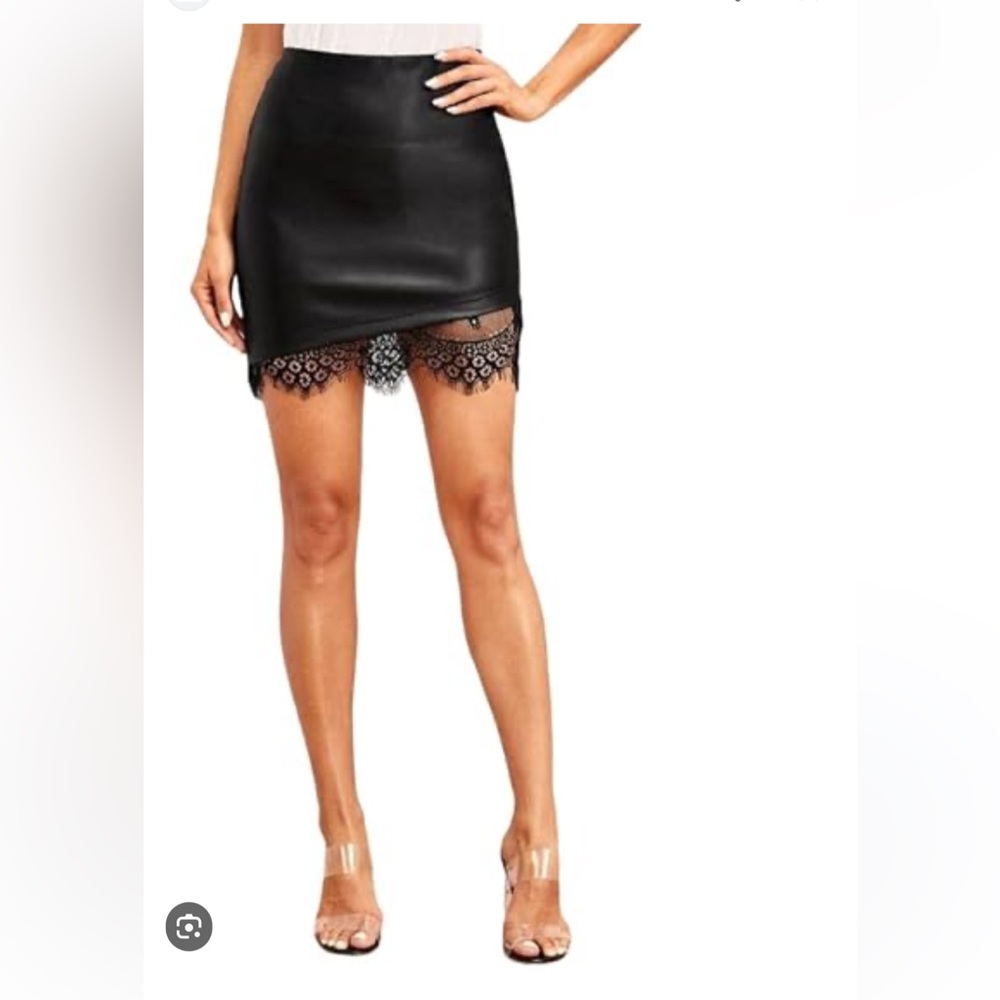 vegan leather skirt with lace trim.
